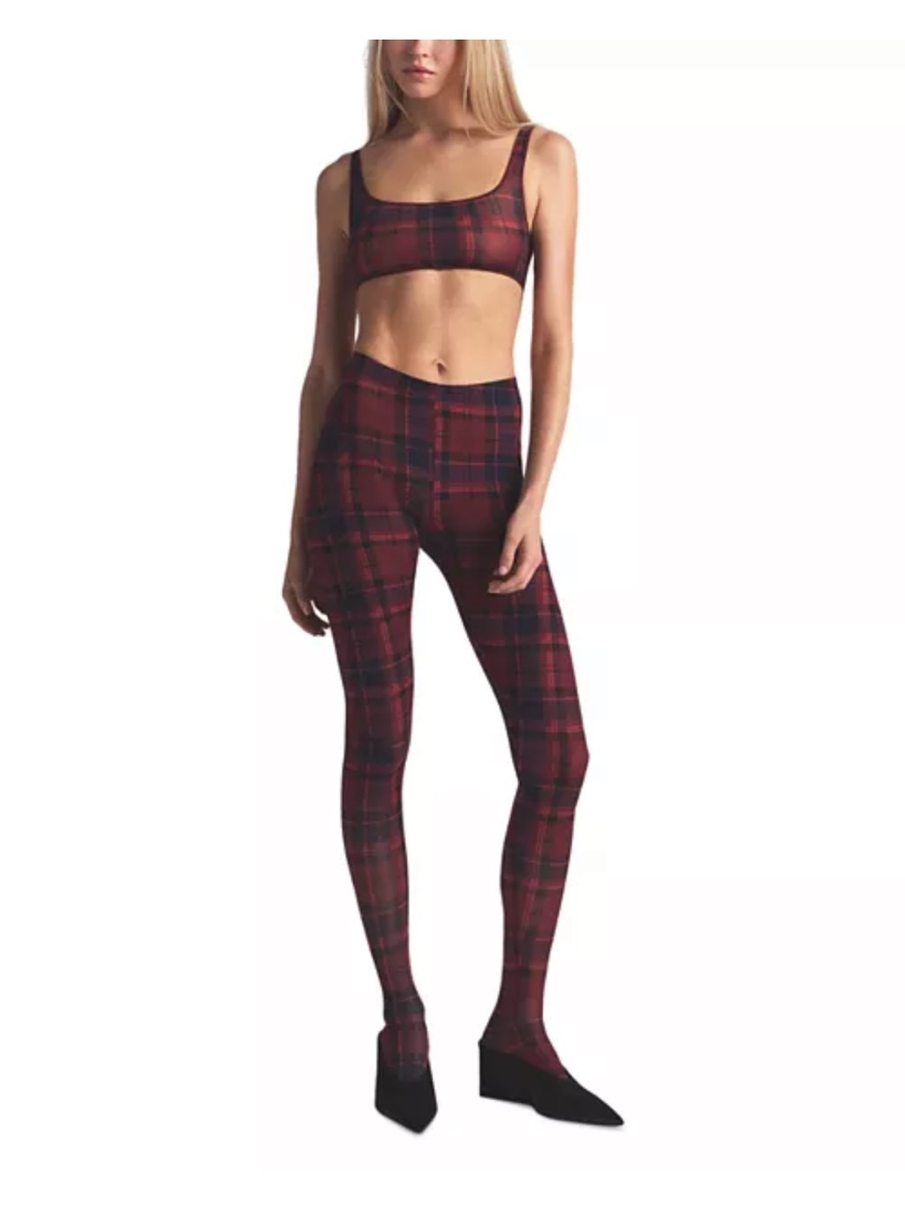 SKIMS Milky Sheer Tights merlot navy plaid check nwt
